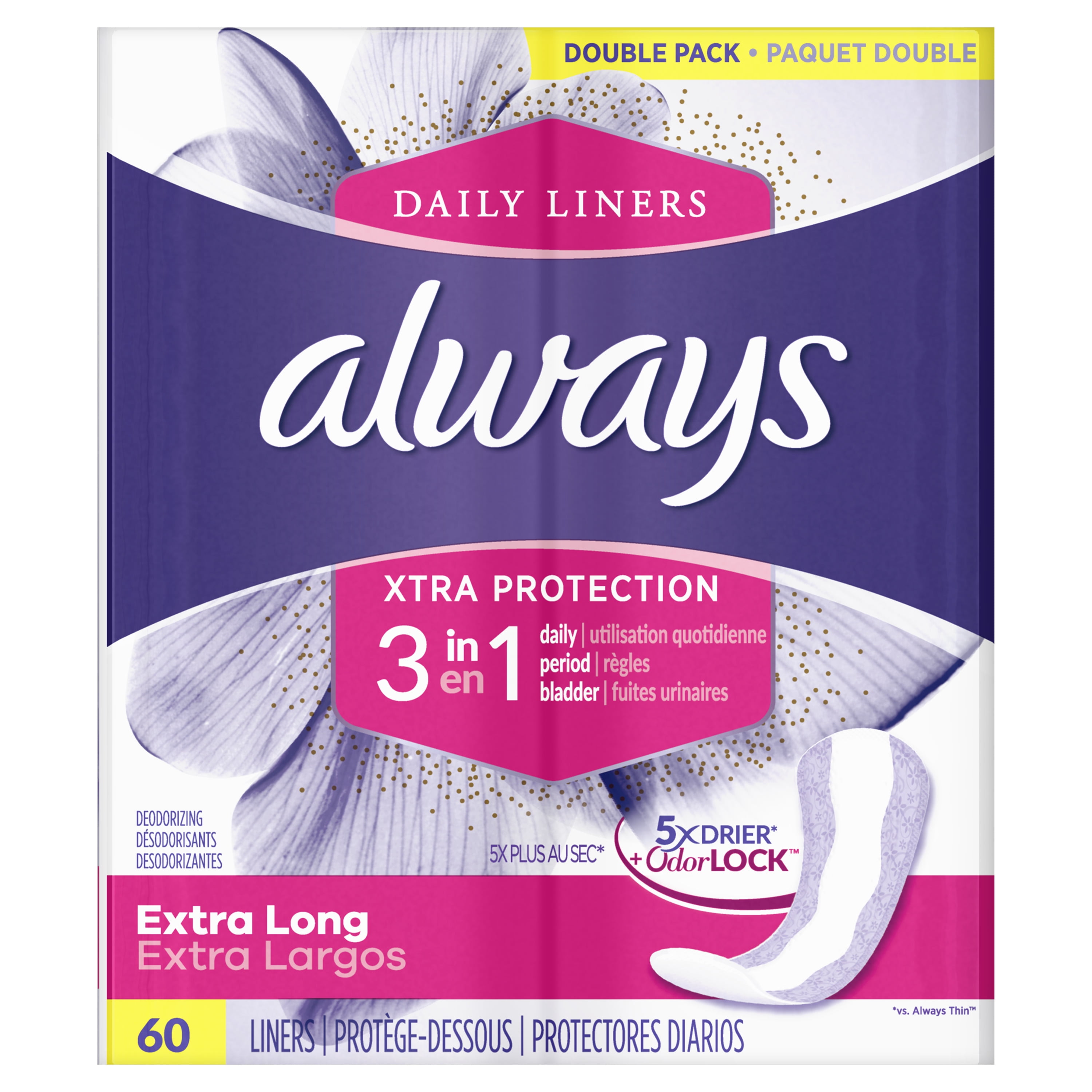 Always Xtra Protection 3in1 Extra Long Daily Liners, 60 ct Walmart