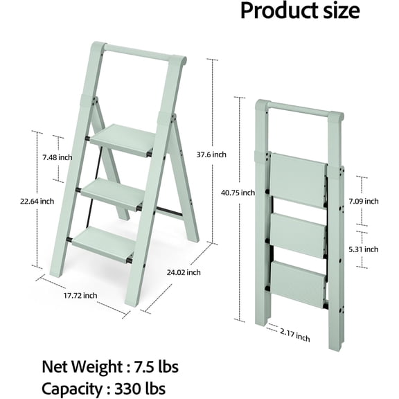 Taranta 3 Step Ladder, Lightweight Aluminum Step Stool with Convenient Handgrip, Folding Ladder with Anti-Slip Pedals, 330lbs Capacity Stepladder for Home, Office, Kitchen - Fairyland Green