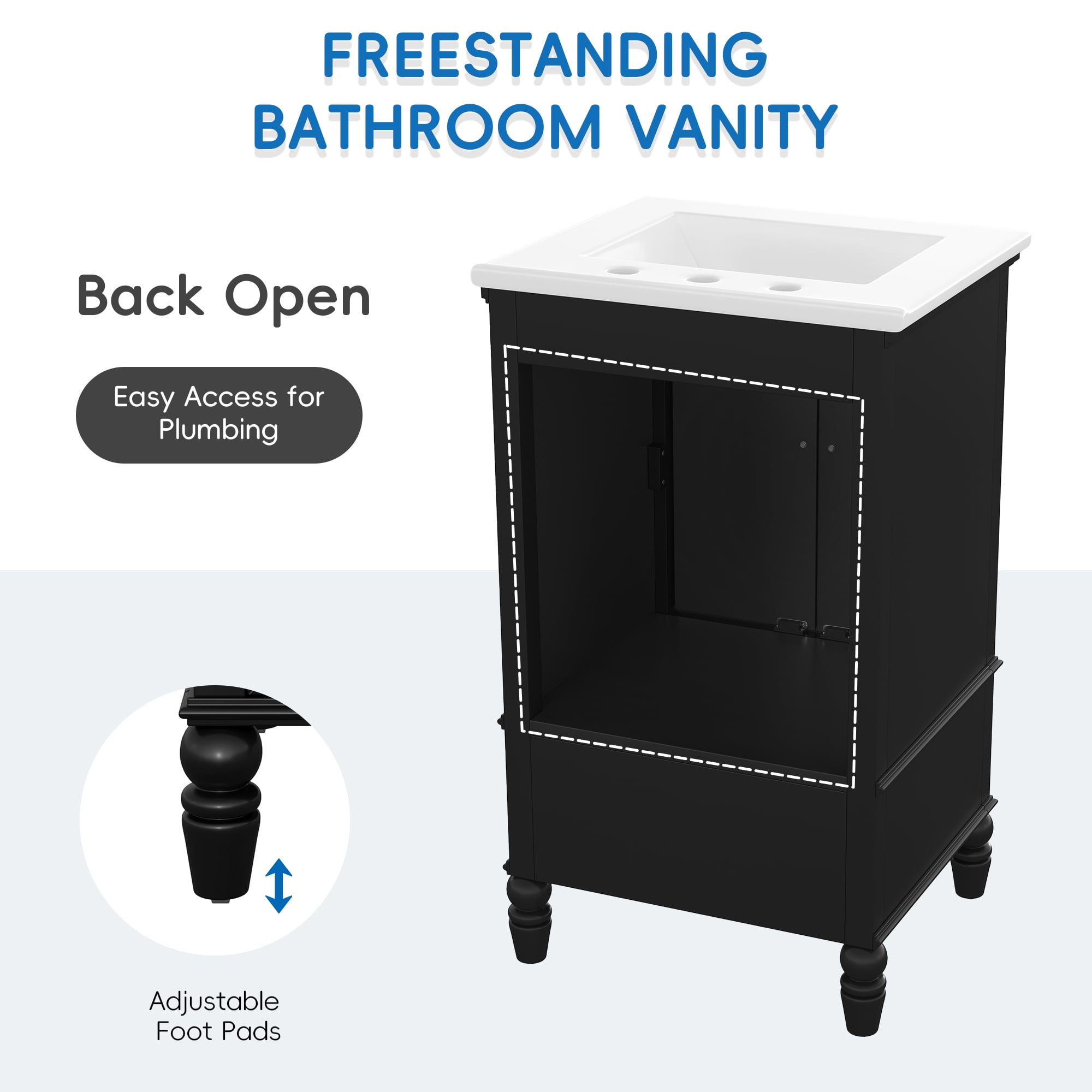 Euroco 30" Bathroom Vanity with Semilune Ceramic Sink, Real Wood & MDF Cabinet with Drawer, 3-Hole Faucet Mount