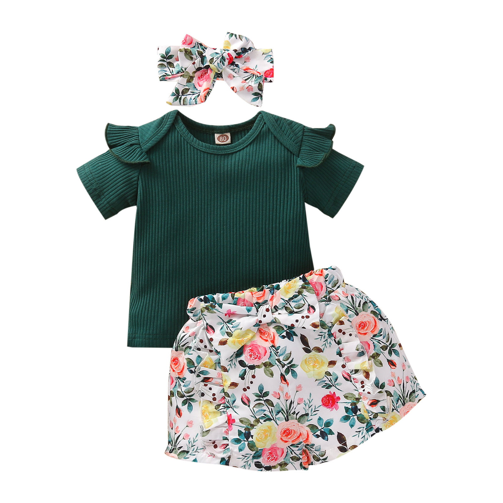 Infant Baby Girl Floral Print 3Pcs Outfit Short Sleeve Shirt Dress+Ruffle Shorts+Headband Set