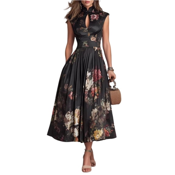 KLHDSF Elegant Dresses For Women Sleeveless Floral Print High Waist Flared Midi Summer Dress Black L