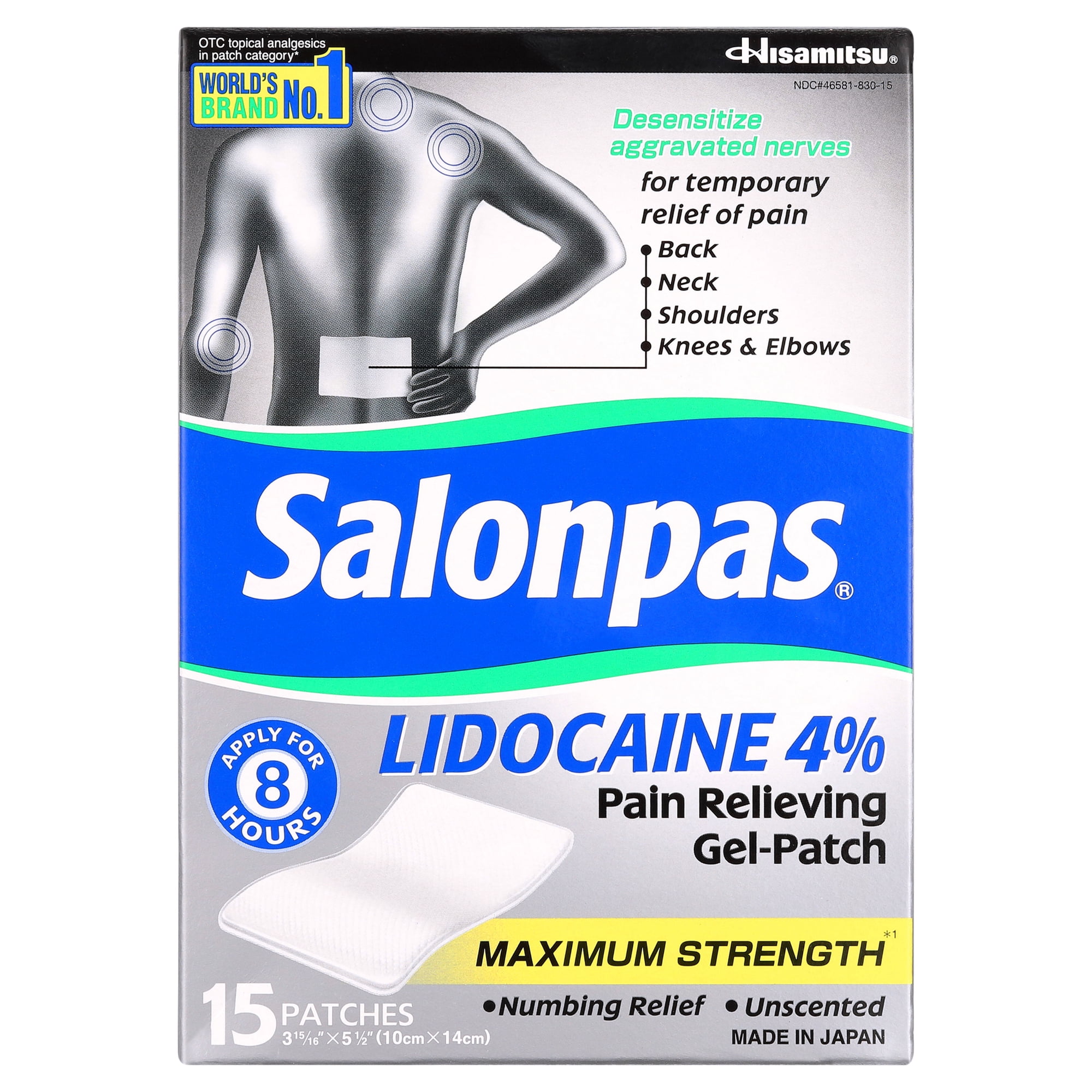 Salonpas 15 Patches Lidocaine 4% Maximum Strength Pain Relieving Gel Patch