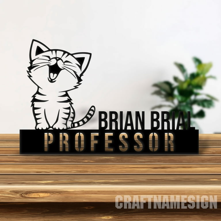 Craftnamesign Custom Wooden Desk Name Plate for Cat Lovers Cute Cat Metal Nameplate for desk