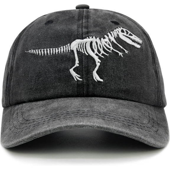 Boys' Skull Dinosaur Hat, Embroidered Dino Washed Adjustable Baseball Cap for Kids Age 3-10