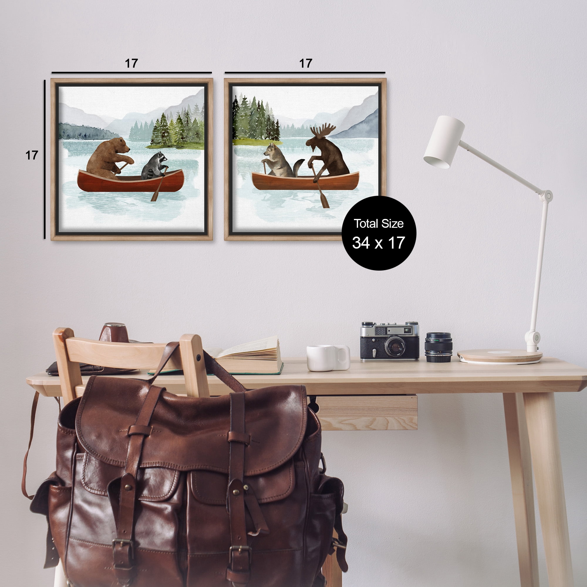 Stupell Industries Woodland Animals on Canoes Animals & Insects Painting Brown Floater Framed Canvas Art Print Wall Art, 18 x 18, Set of 2