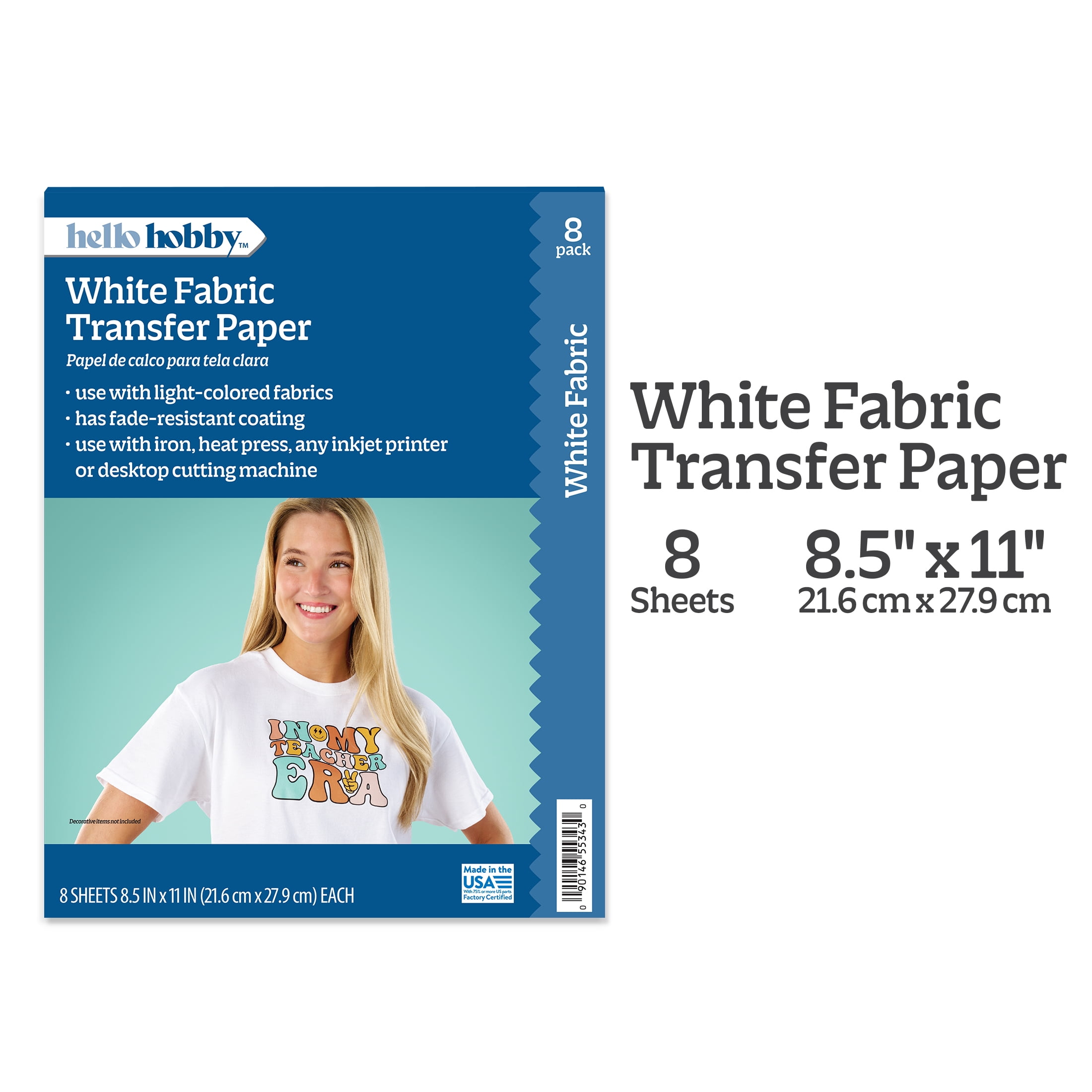 Hello Hobby Light Fabric Transfer Paper, Inkjet Printable, 8.5" x 11", 8 Sheets