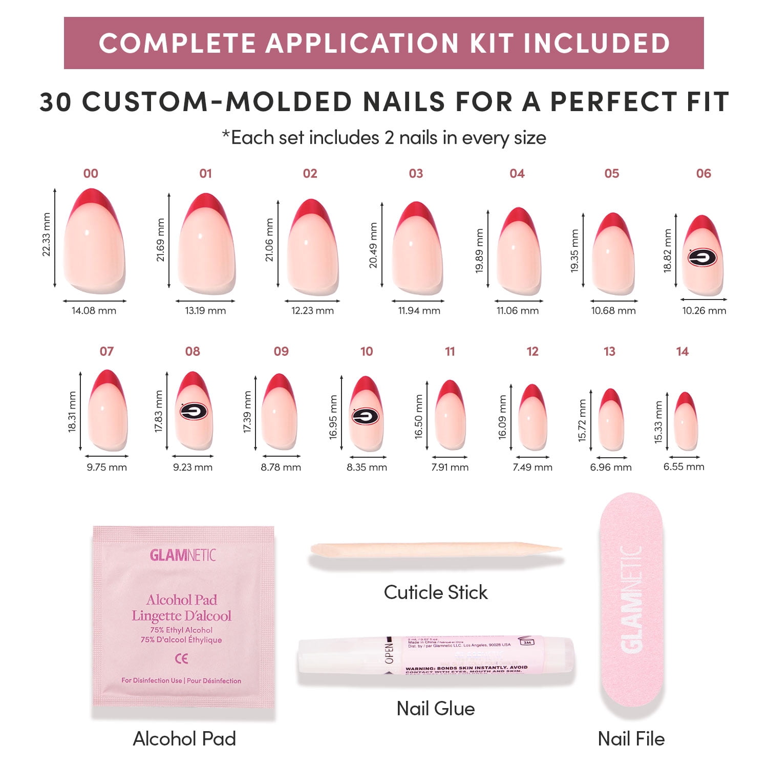Glamnetic x Fanatics Press On Nails - Georgia Bulldogs | Short Almond Fake Nails, NCAA Bulldogs Red French Tips, College Nails, Salon-Quality | 15 Sizes - 30 Nail Kit with Glue