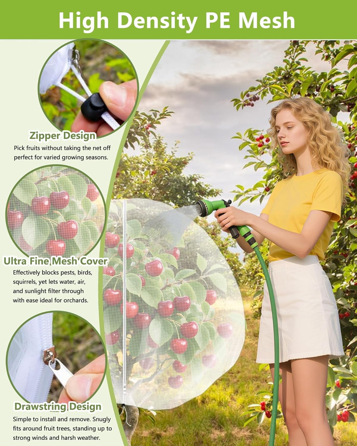 4Pack Fruits Tree Netting with Zipper and Drawstring, 5.3x7.87ft Insect Bird Barrier Plant Netting for Garden Cover Protection
