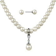 Believe by Brilliance Women's Simulated Pearl Necklace Set in Fine Silver Plated Brass