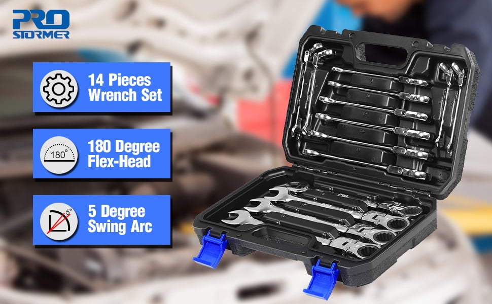 PRO 14-Piece Flex-Head Ratcheting Wrench Set, 6-19cm Metric Chrome Vanadium Steel Ratchet Wrenches, Combination Ended Spanner Kit with Storage Case
