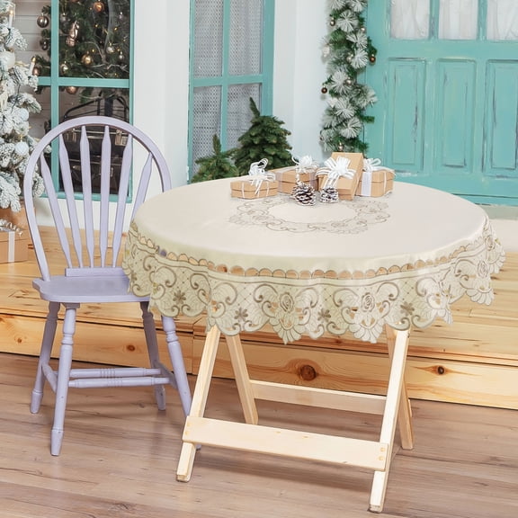 Piccocasa Light Beige Rose Flower Embroidered Lace Round Tablecloth, Diameter 59"/70"/86"
