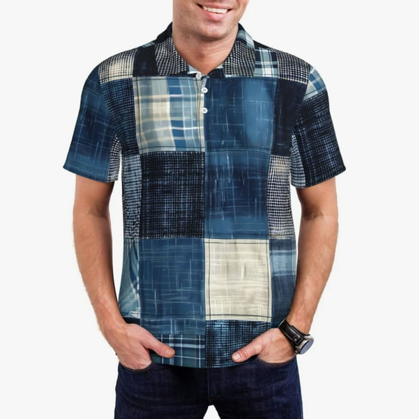 Balery Indigo Patchwork Quilt Camisa Polo de Hombre con Estampado, de Manga Corta y Tejido Medio, Camisa Tipo Golf Polo-Medium