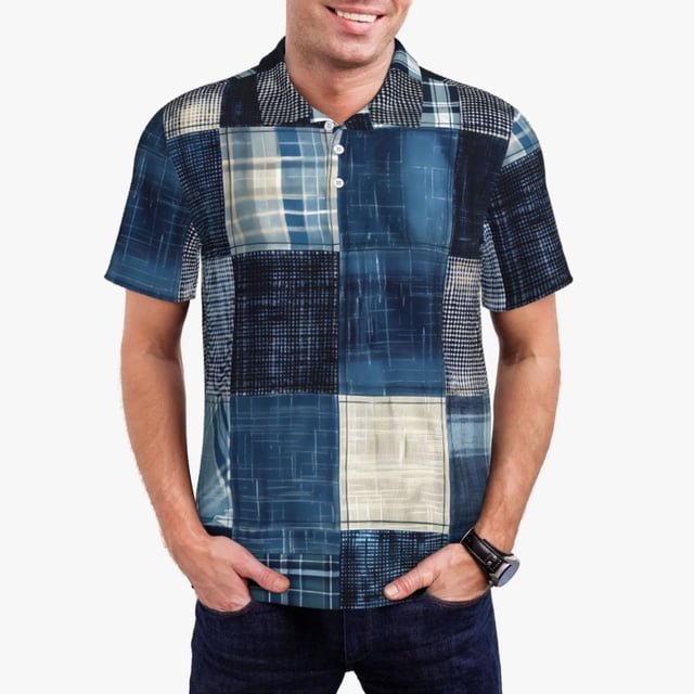 Balery Indigo Patchwork Quilt Camisa Polo de Hombre con Estampado, de Manga Corta y Tejido Medio, Camisa Tipo Golf Polo-Large