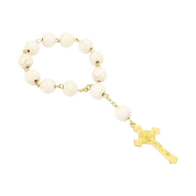Rosario para colgar en el coche, pulido, exquisitas cuentas de oración portátiles con rosario cruzado para decoración, color blanco