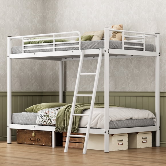 Soges Twin Over Twin Bunk Bed Metal Bed Frame with Ladders, Heavy Duty Sturdy Bed Frame with Safety Guardrail For Adults, No Box Spring Needed, White