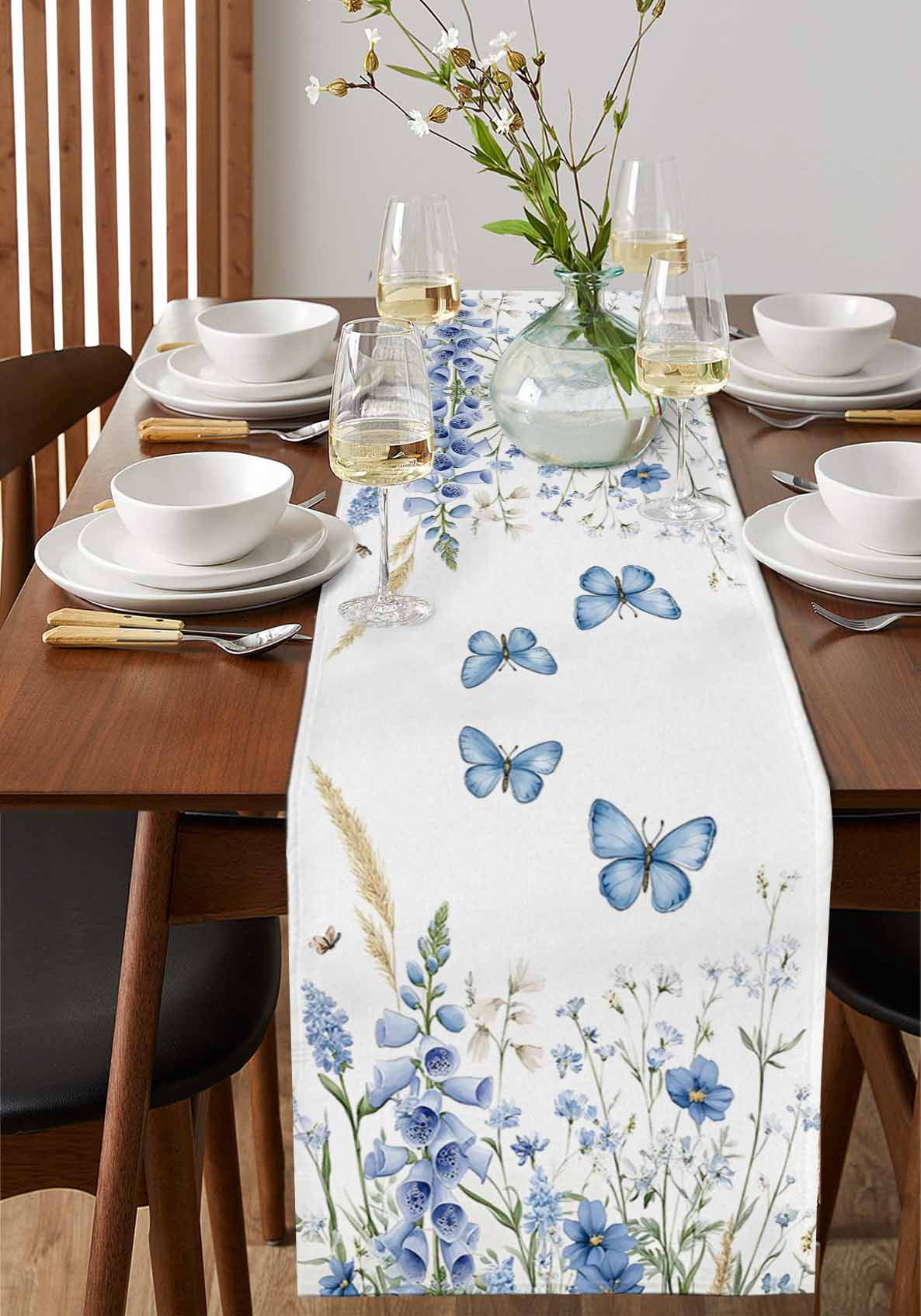 Ldtrchee Blue Spring Floral Table Runner 72 Inches, Butterfly Summer Botanical Elegant Bed Runner Dresser Scarves Tabletop for Indoor Outdoor Parties/Ceremony/Banquet, 18" x 72"