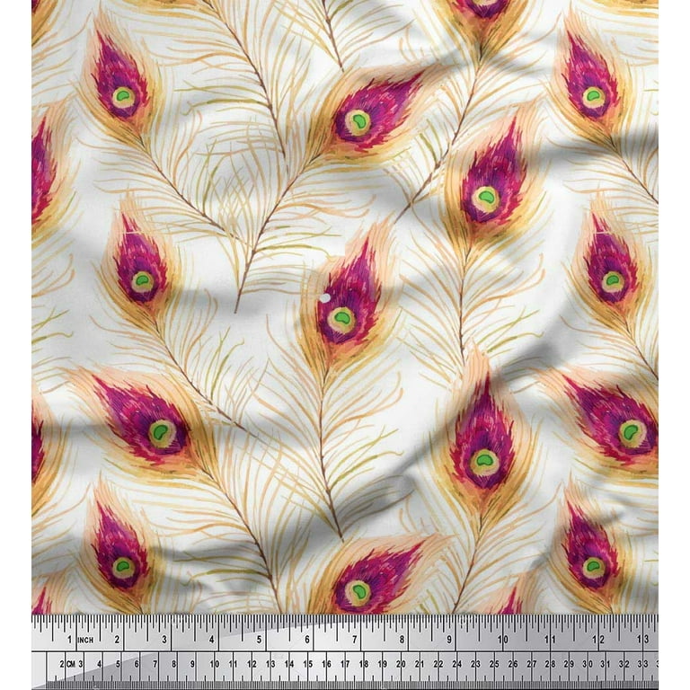 Soimoi Cotton Cambric Fabric Peacock Feather Decor Fabric Printed