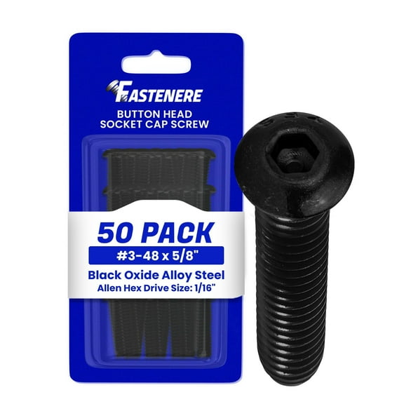 Fastenere Button Head Socket Cap Screws - 3-48 x 5/8" (50-Pcs) Alloy Steel, Fully Threaded, Fine Black Oxide Finish, Corrosion-Resistant, Machine Thread, Easy to Install w/ Allen Hex Drive