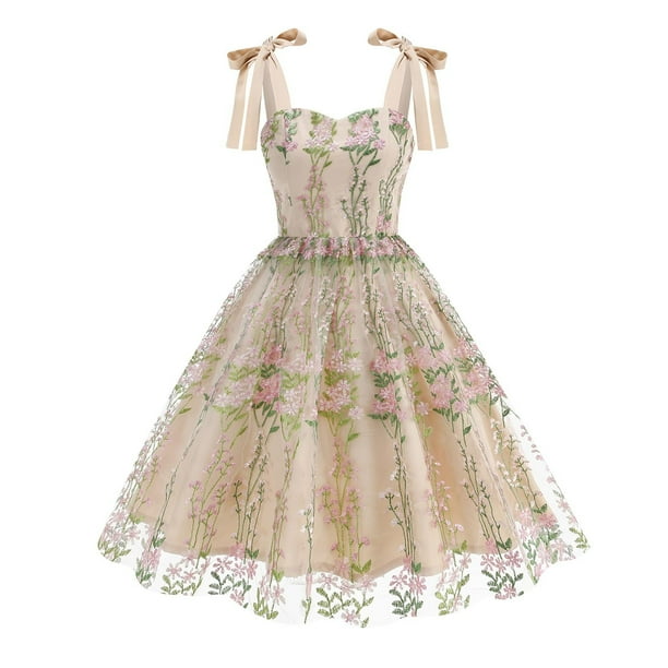 Vestido Corto de Verano, Malla de Manga Corta Bordado Pastel Retro para el Desgaste Casual, Fiesta Y Primavera