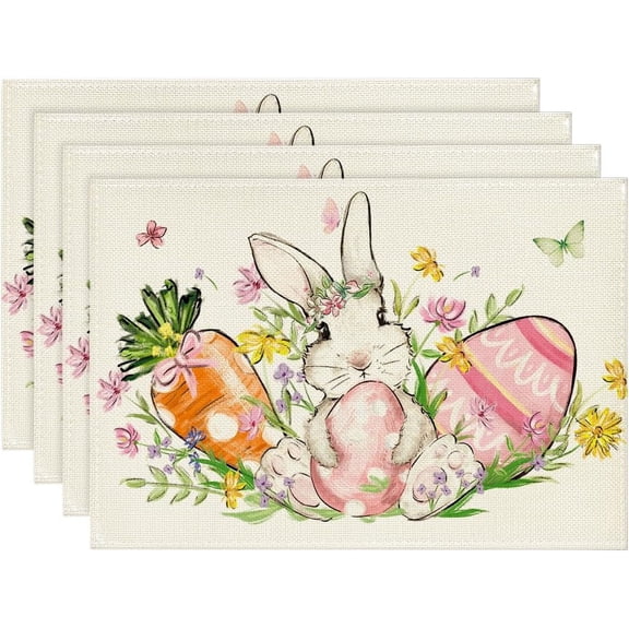 Bunny Egg Carrot Flower Easter Placemats Set of 4, 12x18 Inch Seasonal Spring Table Mats for Party Kitchen Dining Decoration