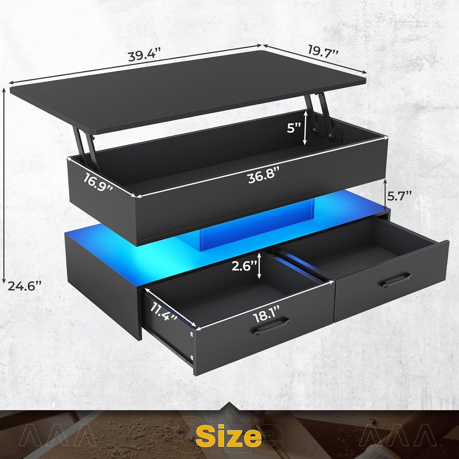 40" Lift Top Coffee Table with Storage, Modern Coffee Table with LED Lights and 2 Drawers, Small Coffee Table for Living Room, Dining Reception Room, Black
