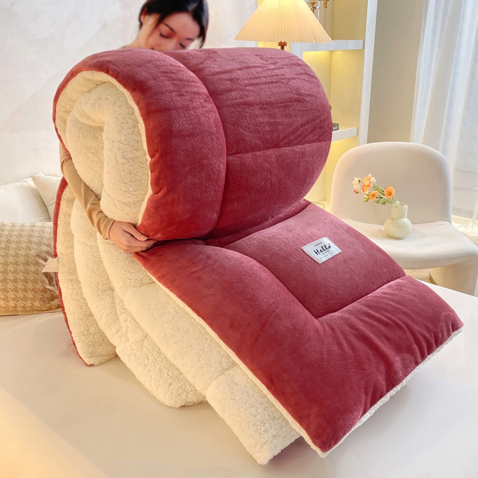 WOOW DEPOT Sherpa Fleece Twin Comforter Reversible, 1 PCS, Heavy 5.5lbs Quilted Bedding Warm Cozy Machine Washable, Bean Paste Red
