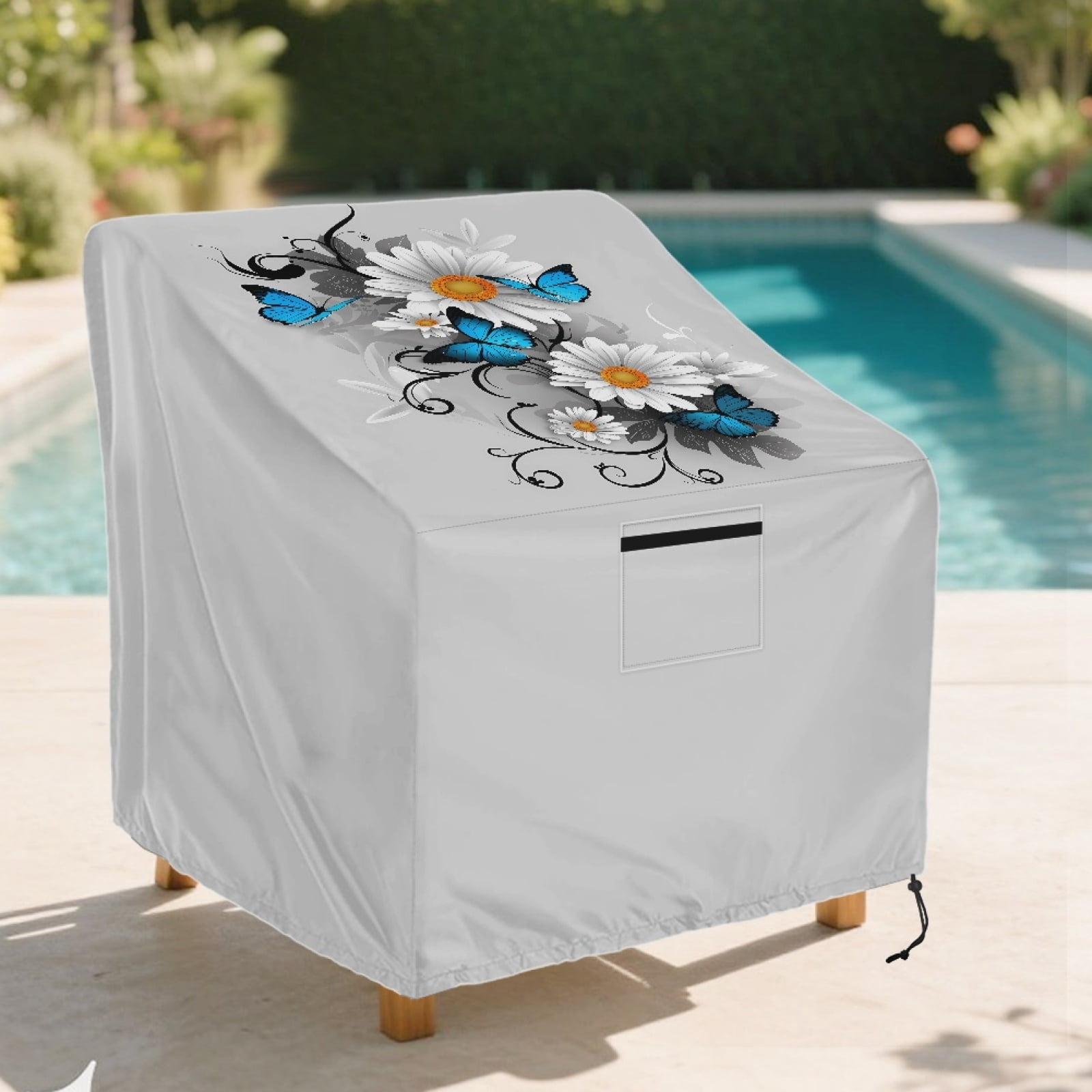 Renewold Waterproof Outdoor Chair Covers Windproof Lounge Deep Seat Covers Funiture Covering for Stackable Furniture Seating, 38"W x 38"D x 36"H, Butterfly Daisy Gray