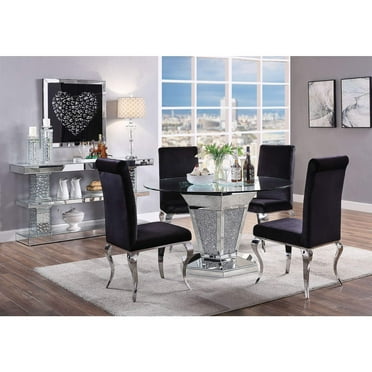 Acme Noralie Dining Table in Mirrored, Faux Diamonds and Clear Glass
