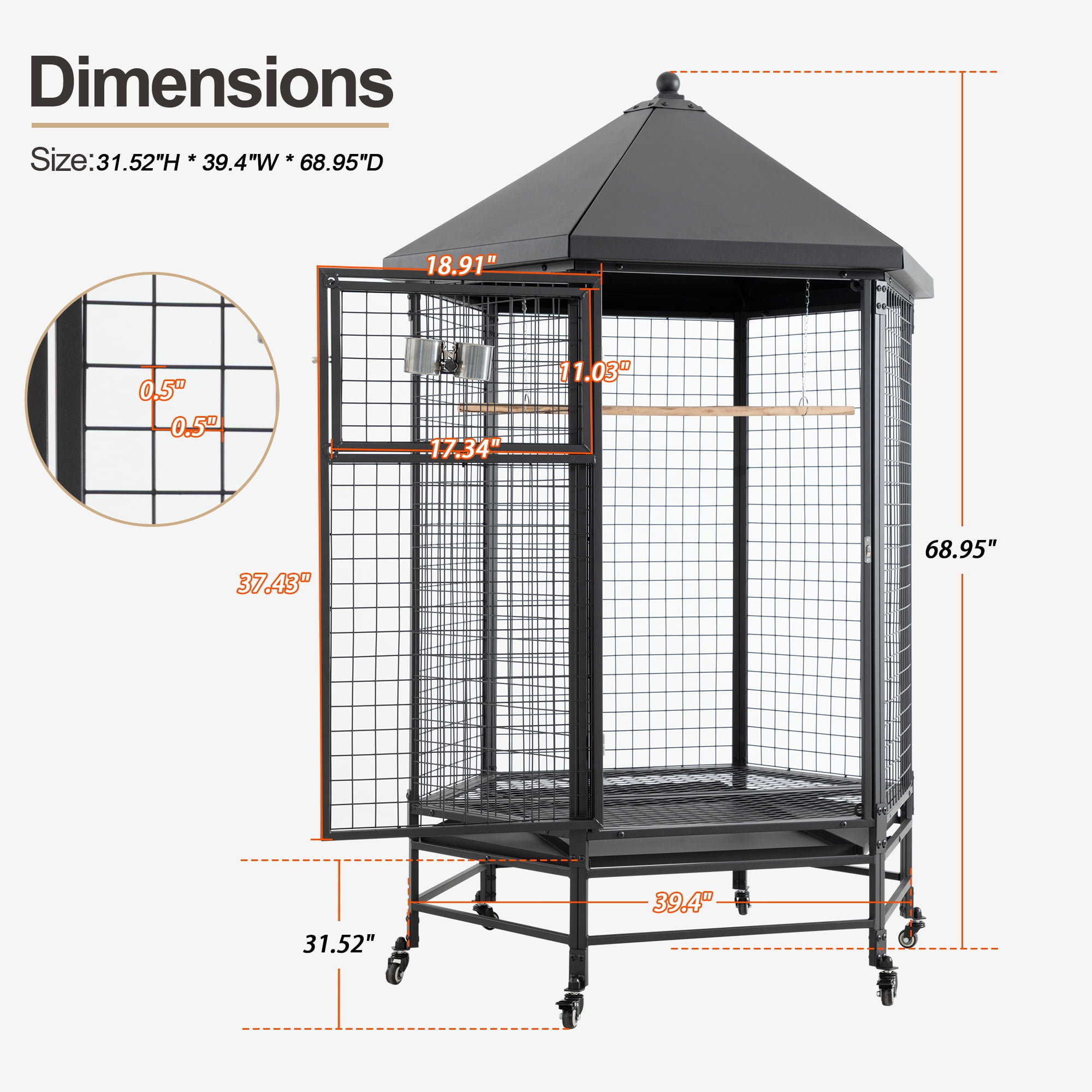 Okeysen Large 69" Hexagon Rolling Metal Bird Cage with Stand and Removable Trays