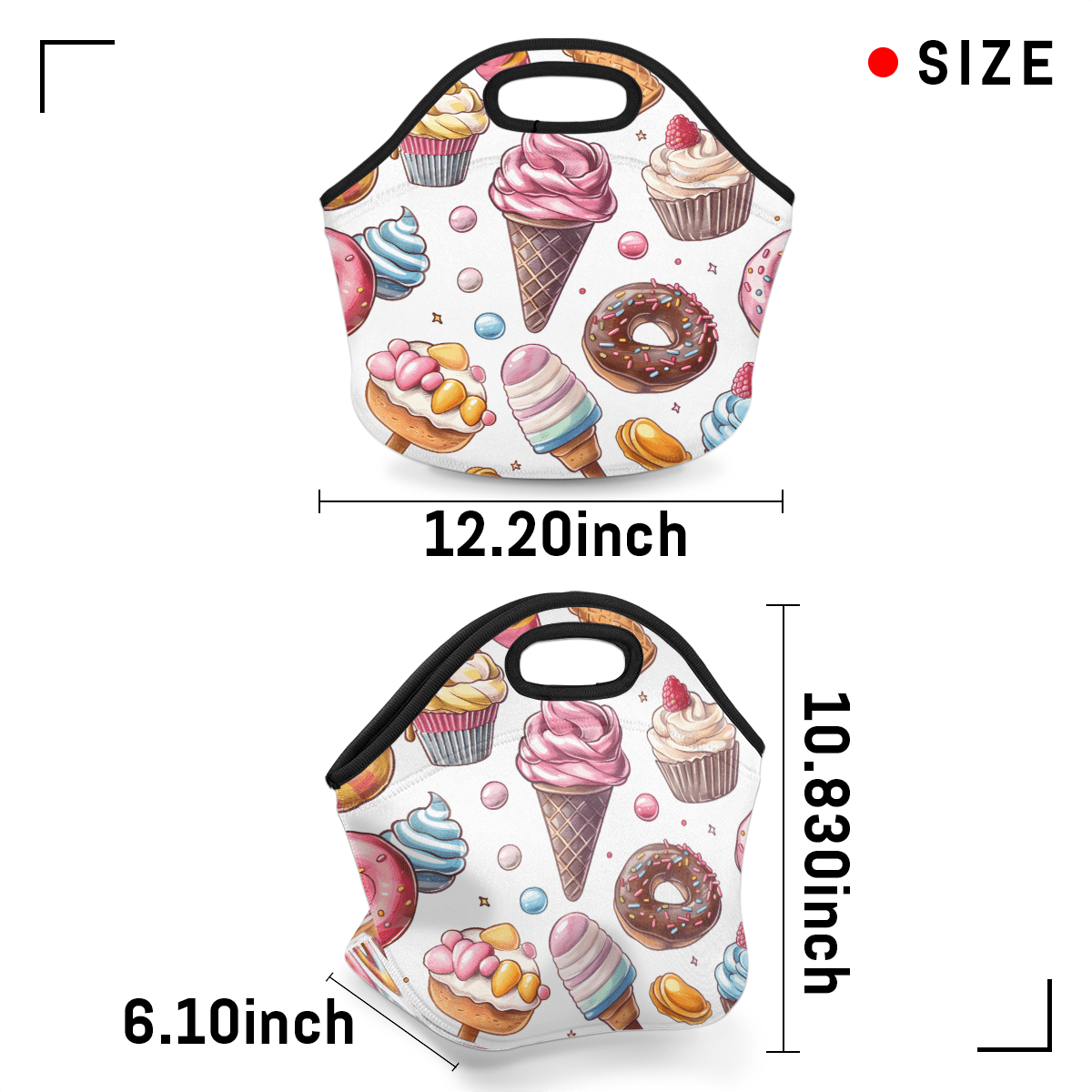 Herdesigns Sweet Food Neoprene Lunch Bag, Ice Cream Donut Insulated Lunch Box for Women Men Washable Lunch Tote Soft Lunch Container With Zipper for Work Picnic Travel