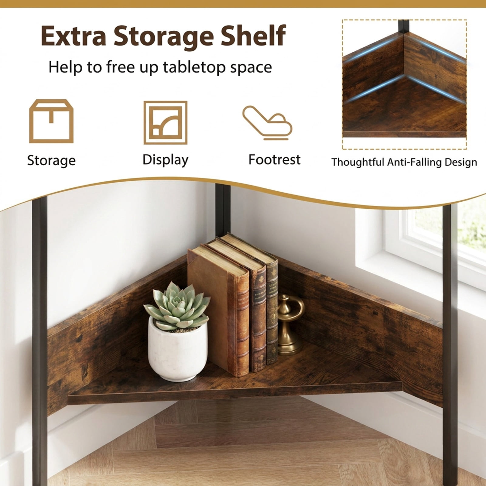 Furnibear Corner Desk Triangle Computer Desk Home Office Study Workstation with Charging Station and Open Shelf for Small Spaces, Rustic Brown