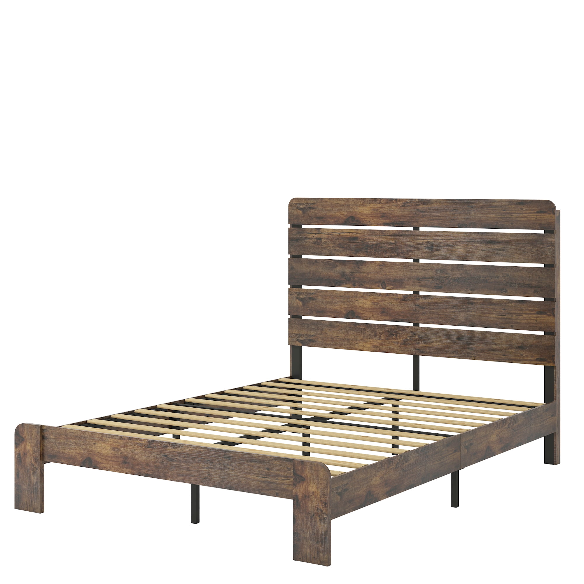 Miniyam Queen Size Wood Platform Bed with High Headboard for Adult, Rustic Vintage