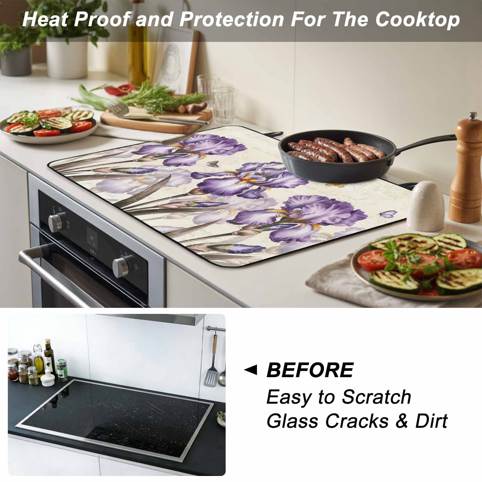 Purple Iris Stove Top Cover for Electric Stove, Heat-proof & Non Slip Glass Top Stove Cover Protector, Spring Vintage Butterfly Leaves Flowers Beige Kitchen Flat Cooktop Rubber Mat 24x21 Inches