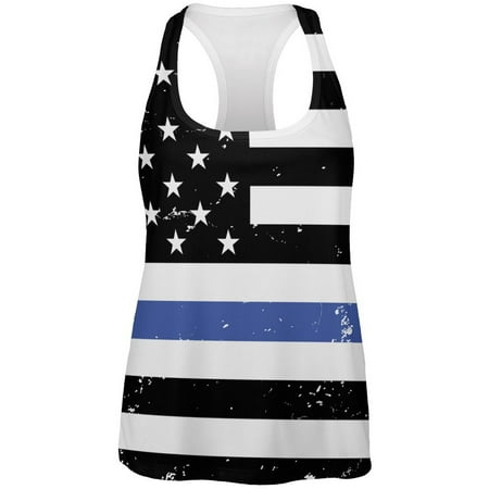 American Flag Tank Top - 4th of July Distressed Thin Blue Line American Flag Womens Work Out Tank Top