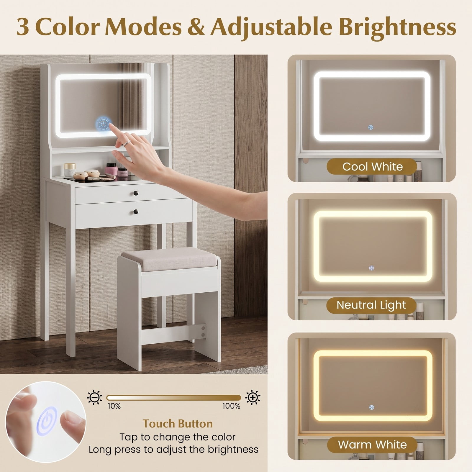 Furnibear Small Vanity Desk with Mirror and Lights, Compact Makeup Vanity Table with Power Outlets, 2 Drawers and Cushioned Stool for Bedroom, White
