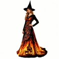 thumbnail image 3 of Witch Dress for Women Halloween Long Sleeve Lace V Neck Vintage Gothic Maxi Dress Allover Halloween Print Haunted House A Line Party Dress, 3 of 6