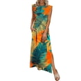thumbnail image 2 of Robe Maxi en Mélange de Lin pour Femmes, Sans Manches à Col Rond, Couleur Unie, Longueur Genou, Robe d'Été Décontractée avec Poches Latérales, 2 of 8