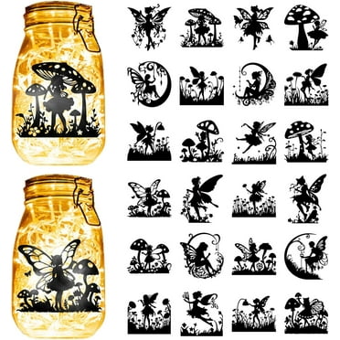 24PCS Fairy Silhouettes Stickers Mason Jar Cutouts Decals Butterfly Flower Spirit Scrapbook Waterproof PVC Crafting Decorative Lamp Films for Wall Windows Frosted Glass Jars 3.5x3.9in DIY