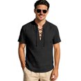 thumbnail image 2 of Men's Linen Shirts Short Sleeve Stand Collar Lace Up T Shirts Casual Lightweight Breathable Relaxed Fit Summer Tees, M, 2 of 7
