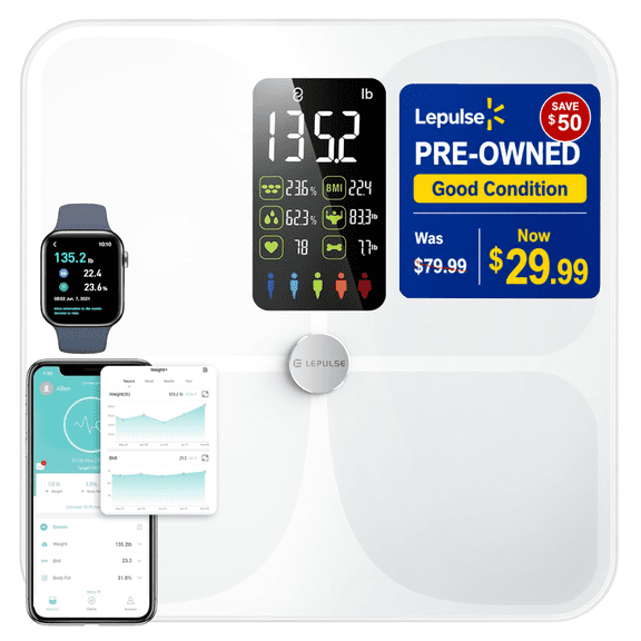 Open Box Lepulse Smart Body Weight Scale, Digital Bathroom Scale with 20 Body Metrics BMI Muscle Mass Heart Rate, 4.68" Large LCD Display Bluetooth Body Fat Scale Sync with Fitness Apps, 400lbs Capacity，White