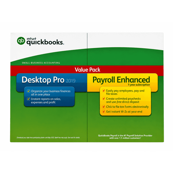 Intuit QuickBooks Desktop Pro 2019 Payroll Enhanced 1-Year Subscription Value Pack | Disc & Download | 1 User | Windows