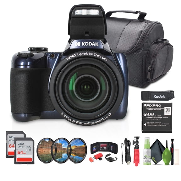 Kodak Pixpro AZ528 Digital Camera (Blue) Bundle Including: 2x 32 GB Memory Card, Medium Case, Filter Kit, Card Reader, Hand Strap, Card Wallet, Hand Strap, Flexible Tripod
