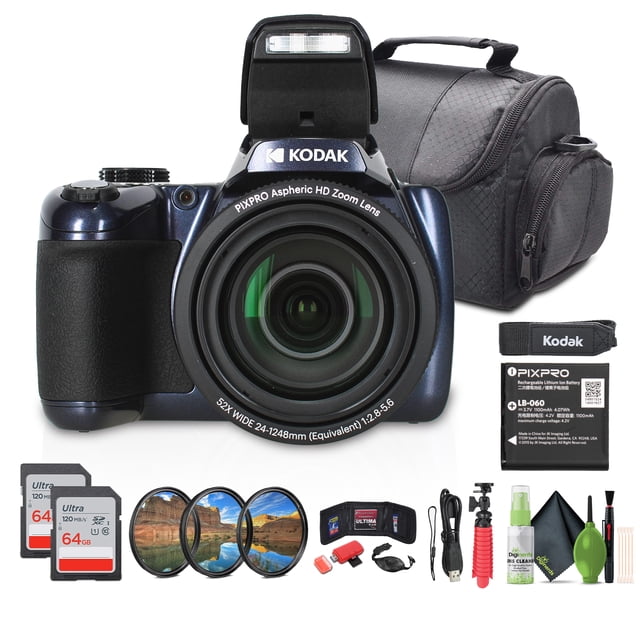 Kodak Pixpro AZ528 Digital Camera (Blue) Bundle Including: 2x 32 GB Memory Card, Medium Case, Filter Kit, Card Reader, Hand Strap, Card Wallet, Hand Strap, Flexible Tripod