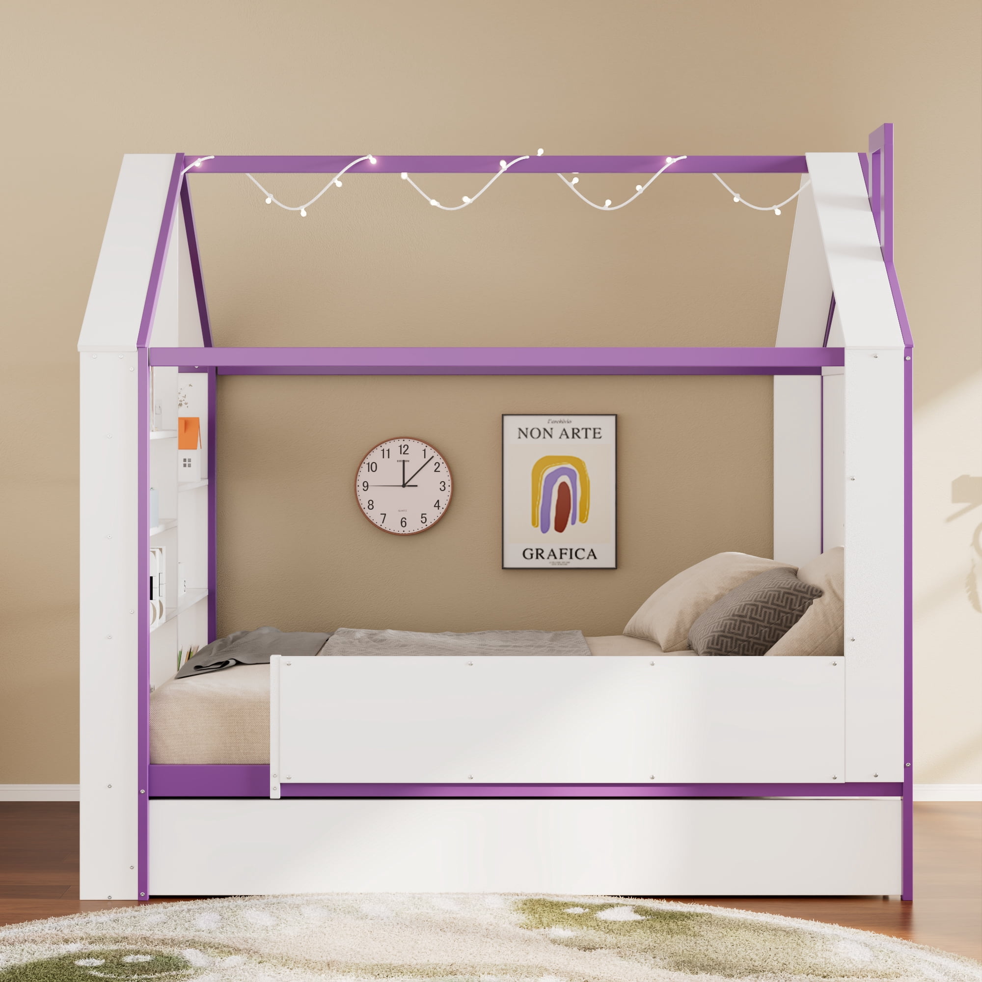 Full Size House Bed Frame with Pull-Out Trundle, Tail End Storage Shelves and Cool White LED Lights, White+Purple