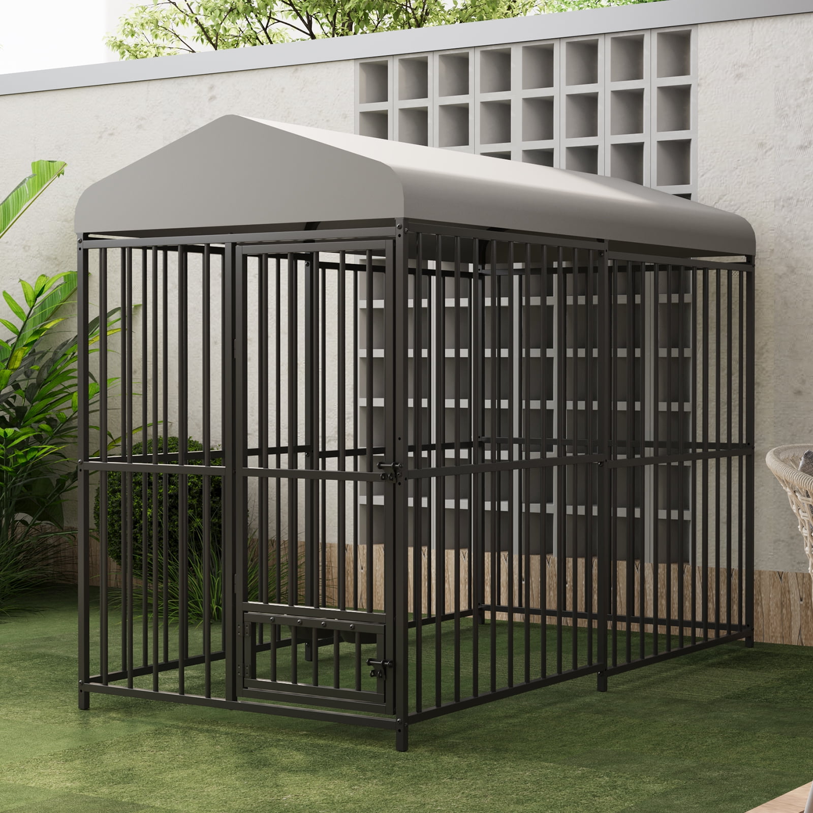 4×4×6 Ft Large Outdoor Dog Kennel, Heavy Duty Metal Dog Cage with Rotating Feeding Bowl, Waterproof Roof Cover & Lock, Weatherproof for All Dog Breeds, Perfect for Outdoor or Indoor Use