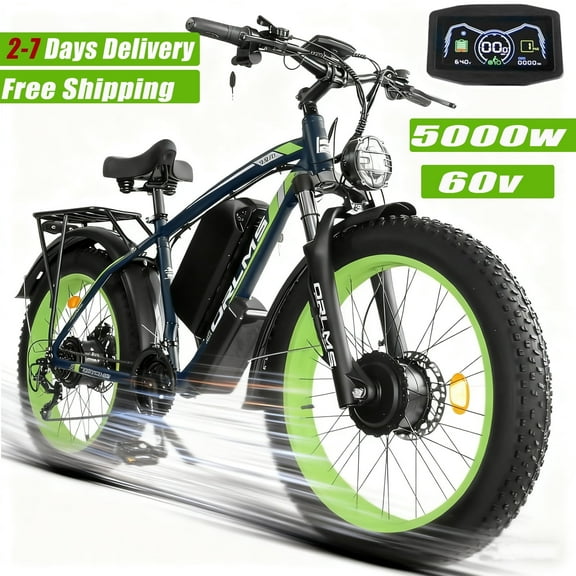 5000W Peak Dual Motor AWD Electric Bike, 60V 25AH 21-Speeds 45MPH 26" Fat Tire Mountain Snow E Dirt Bicycle
