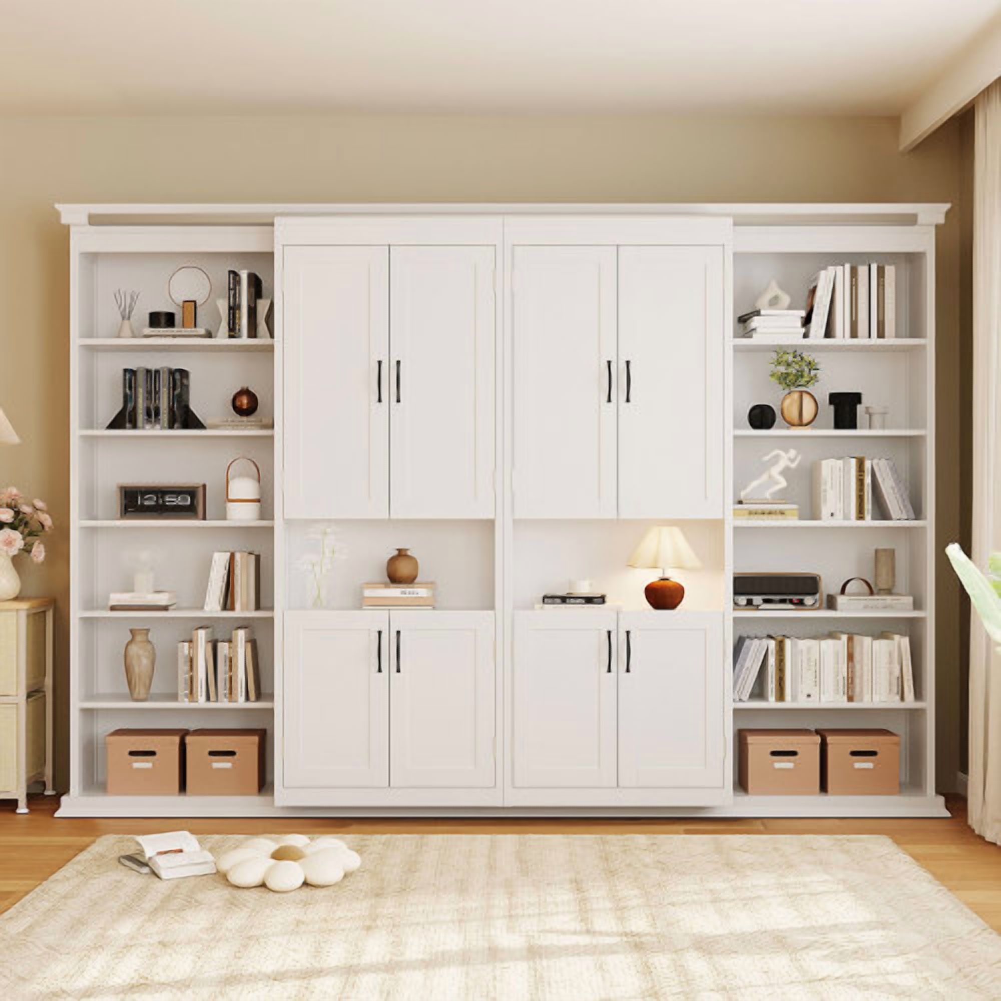Full-Size Murphy Bed with 2 Sliding Cabinets and 12 Open Shelves, Hydraulic Hidden Wall Bed System, Space-Saving Design for Modern Homes, White