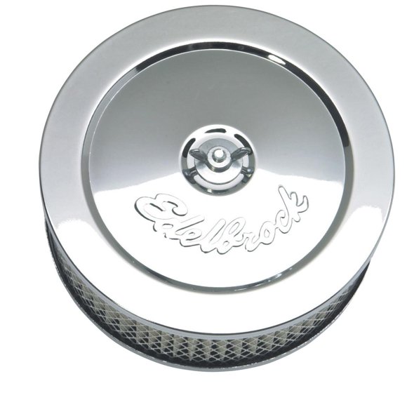 Edelbrock Air Cleaner Assembly 1209 Pro-Flo; 5-1/8 Inch Diameter Carburetor; 5-1/8 Inch Flange; Round; Chrome; Steel; Edelbrock Script; With Filter; With Hold Down