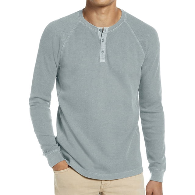 Blusa de hombre Tops de verano de manga larga Camisetas Henley Camiseta lisa para hombre Camiseta básica con cuello redondo de ajuste regular