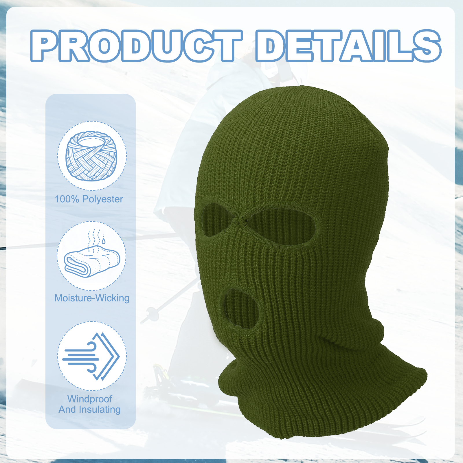 Uxcell 3-Hole Full Face Mask Cover, Ski Mask Knitted Warm Knit Cover Winter Balaclava Face Mask Cap Ski Polyester& 2 Pcs& Dark Green -Fitting for ( Men/Women/Winter Outdoor Sports/Skiing)